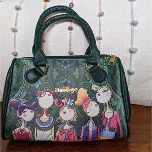 Mei and Ge satchel purse bag green cartoon painting funky people double st…